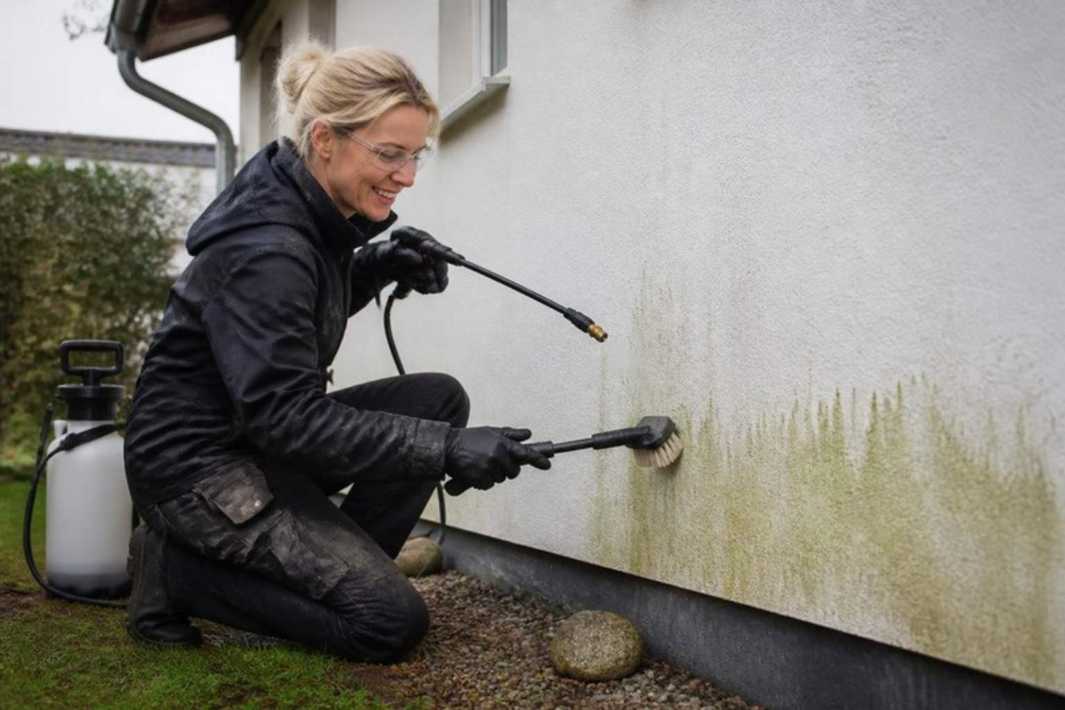 Smilende kvinde i arbejdstøj børster og sprøjter algemiddel på grønne alger nederst på en hvid pudset mur