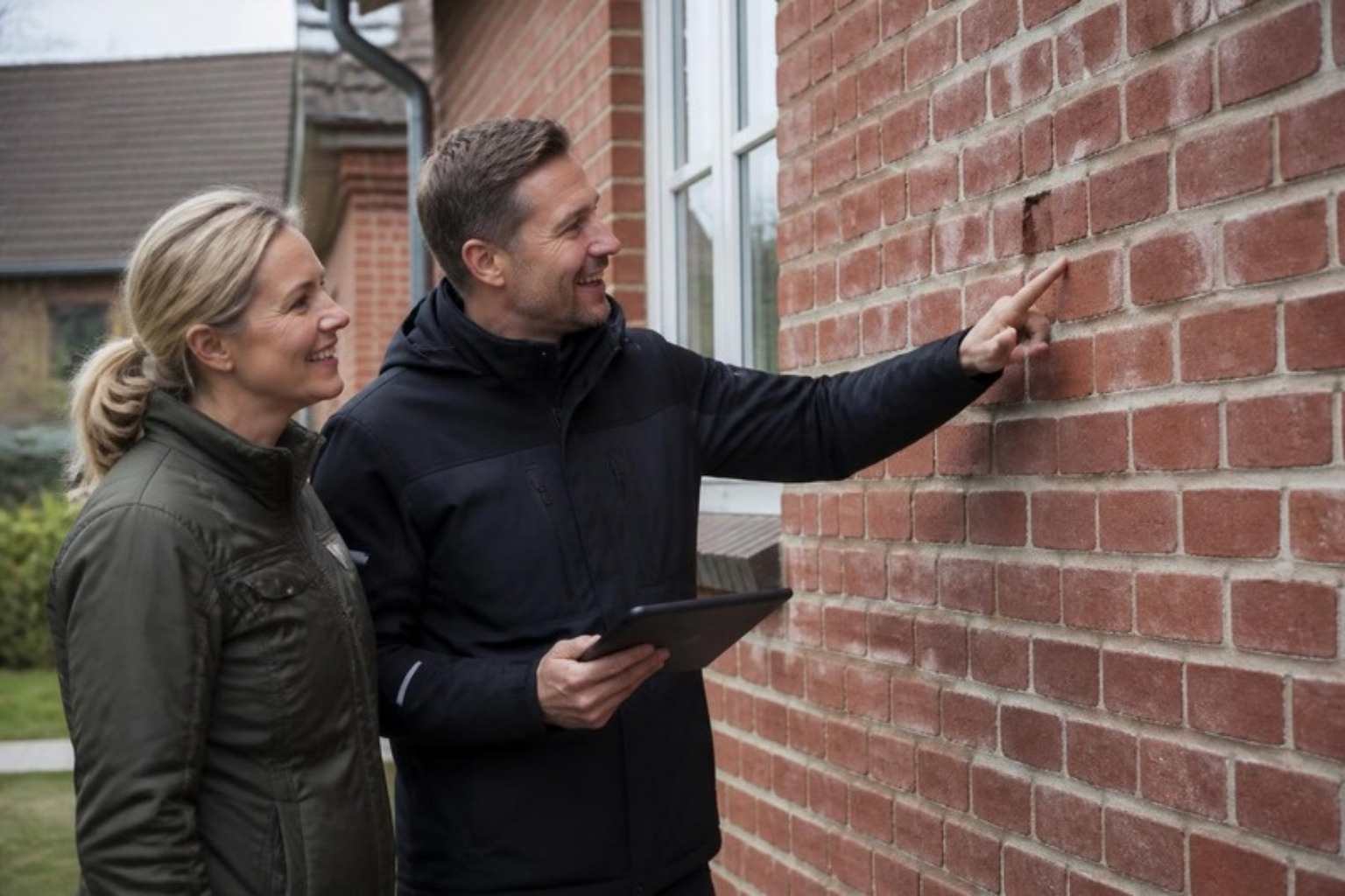 Smilende rådgiver med tablet peger på en teglmur, mens en smilende husejer kigger med